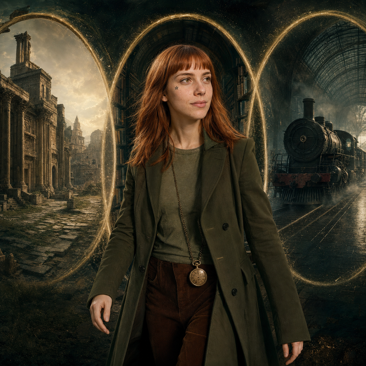 Julieta diante de diferentes portais de uma série histórica