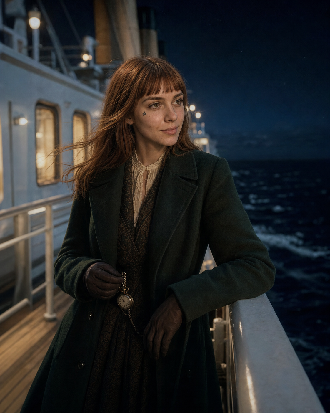 Julieta no convés do Titanic durante a noite
