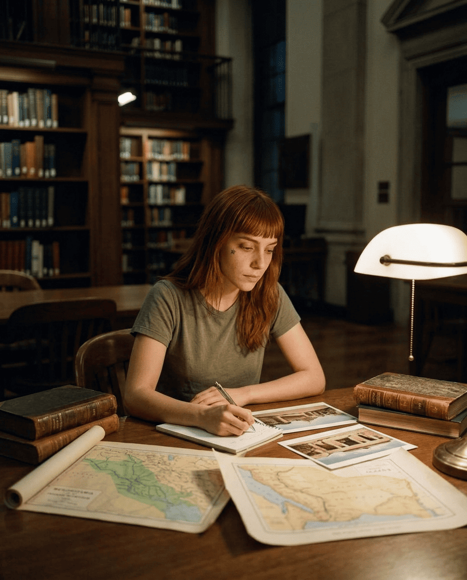 Julieta estudando na biblioteca à noite
