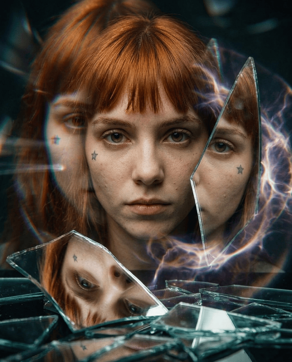 Reflexos de Julieta com a estrela em lados diferentes do rosto