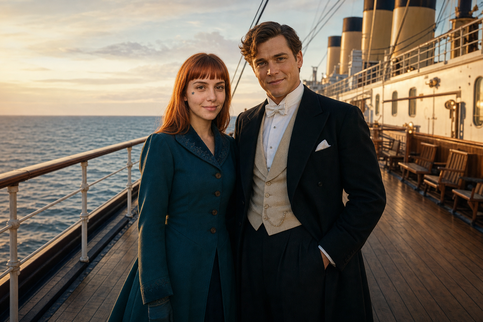 Julieta e um viajante vivendo uma aventura personalizada no Titanic